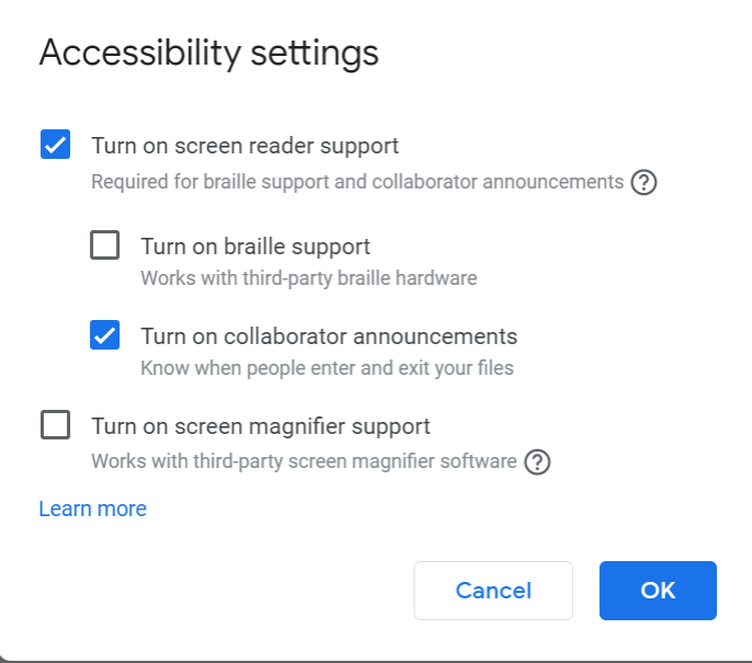 A screen capture of Google docs accessibility setting
